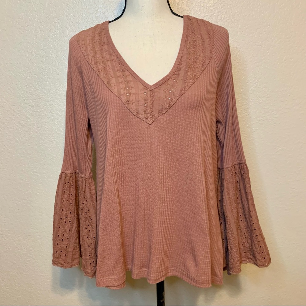 Free People Parisian Nights Long Bell Sleeve Eyelet Top Rose Brown Size Medium - Picture 3 of 15